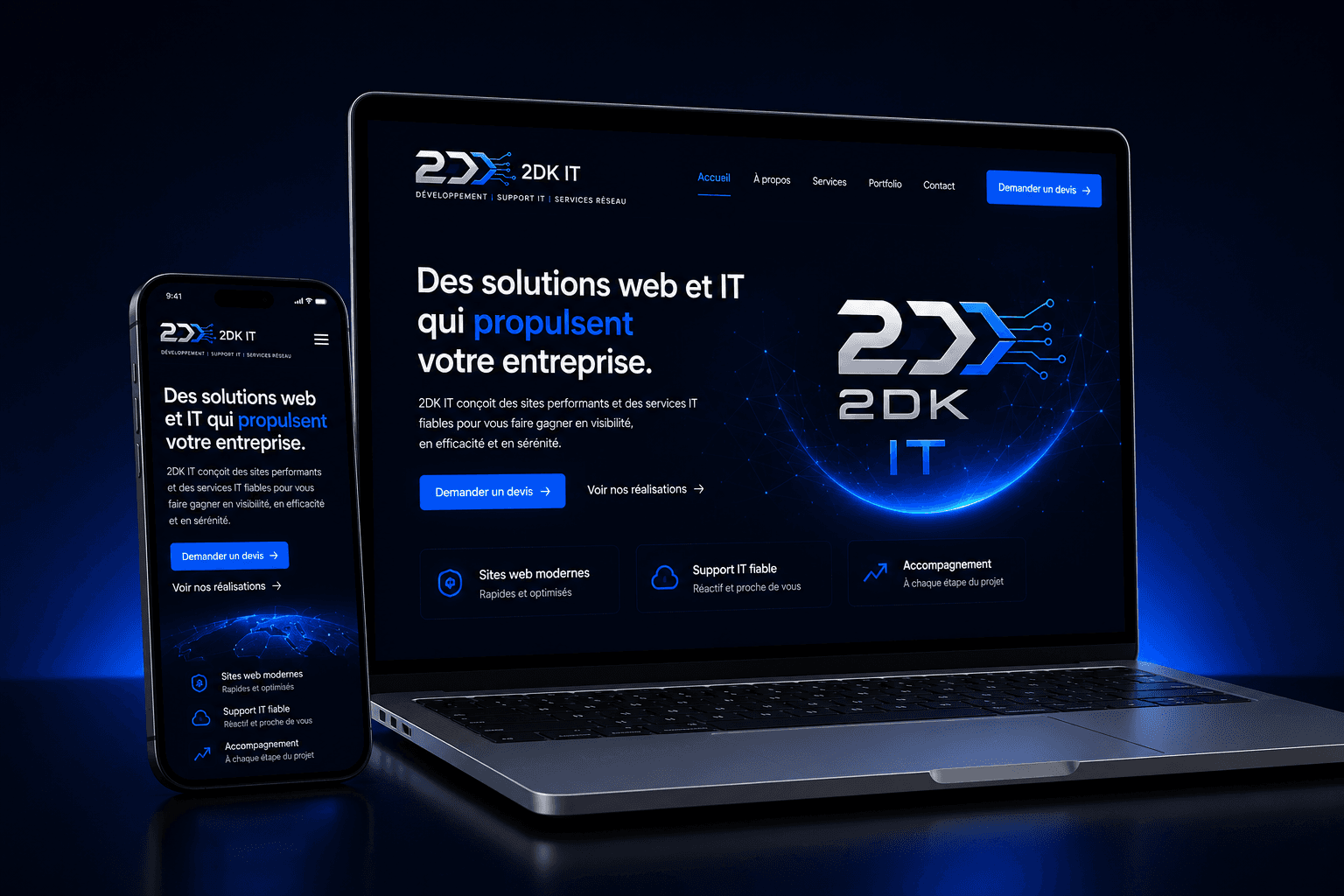 Ordinateur et téléphone présentant le site 2DK IT